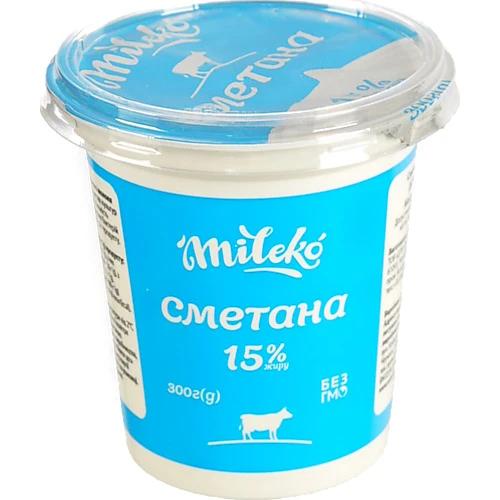Сметана Mileko 300 г 15% жиру у пластиковому стакані