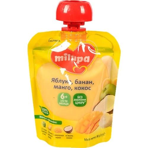 Пюре для дітей від 6міс фруктове Яблуко-банан-манго-кокос Milupa д/п 80г