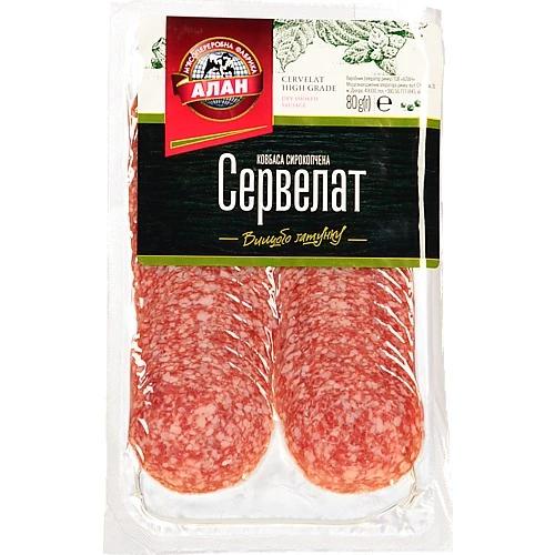 Ковбаса Алан «Сервелат» сирокопчена, вищий ґатунок, нарізка 80 г